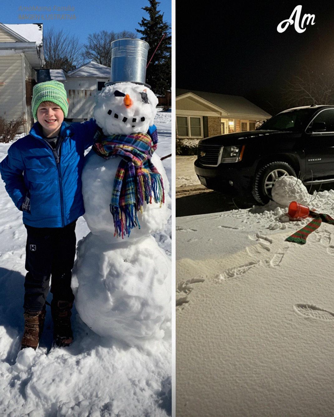Mijn zoon bleef maar sneeuwpoppen maken en mijn buurman reed ze steeds aan met zijn auto – dus mijn zoon heeft die volwassene een lesje geleerd dat hij nooit zal vergeten.