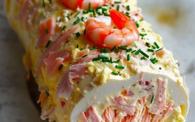 Hartige tronchetto met zeevruchtensmaken: krab, gerookte zalm en garnalen