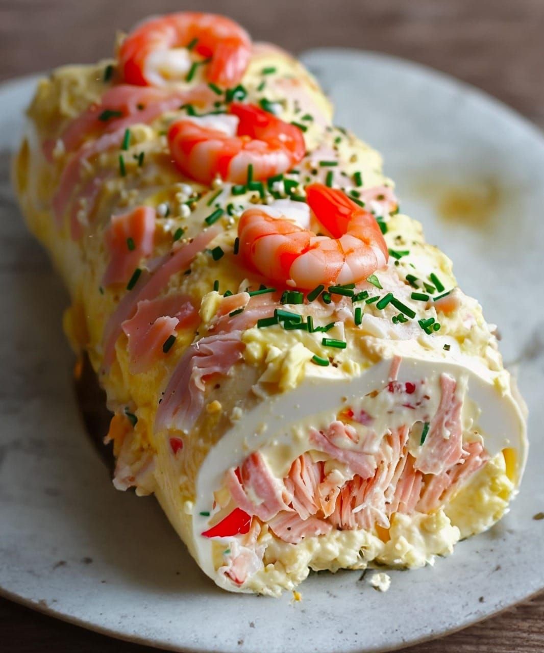Hartige tronchetto met zeevruchtensmaken: krab, gerookte zalm en garnalen