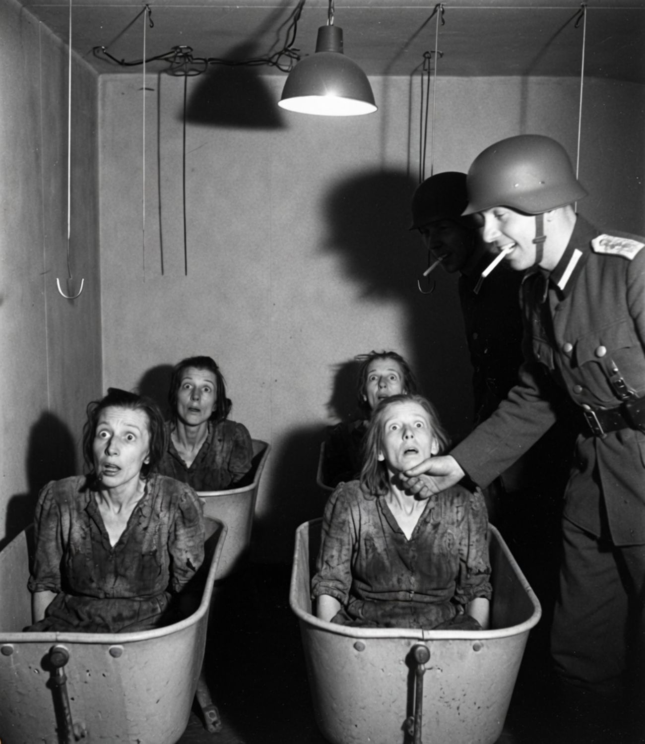 Het schokkende lot van de vrouwelijke gevangenen, te zwak om te lopen, in de handen van de soldaten.