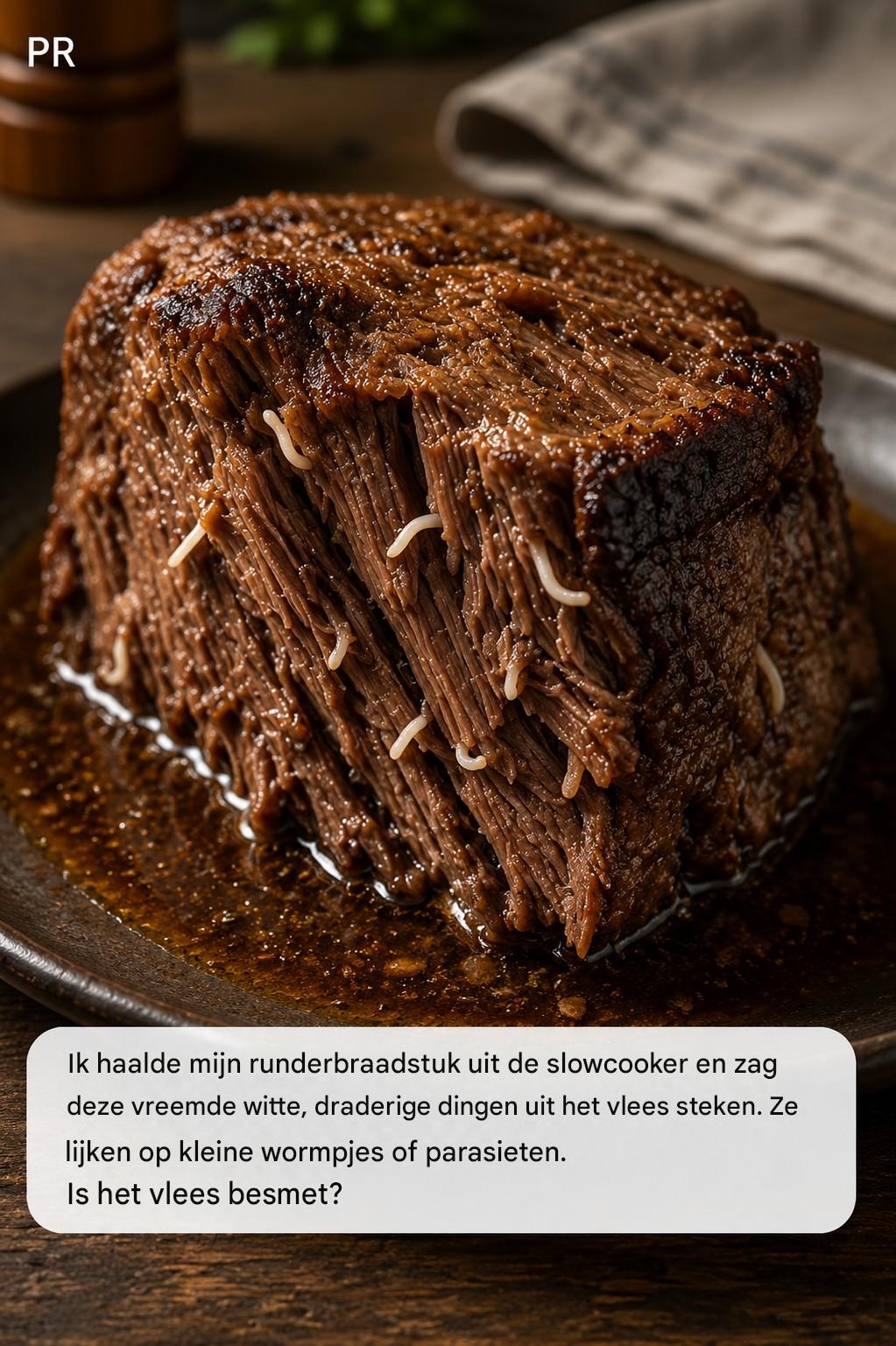 Ik haalde mijn runderbraadstuk uit de slowcooker en zag vreemde, witte, draderige dingetjes uit het vlees steken. Ze lijken wel kleine wormpjes of parasieten. Is het vlees besmet?