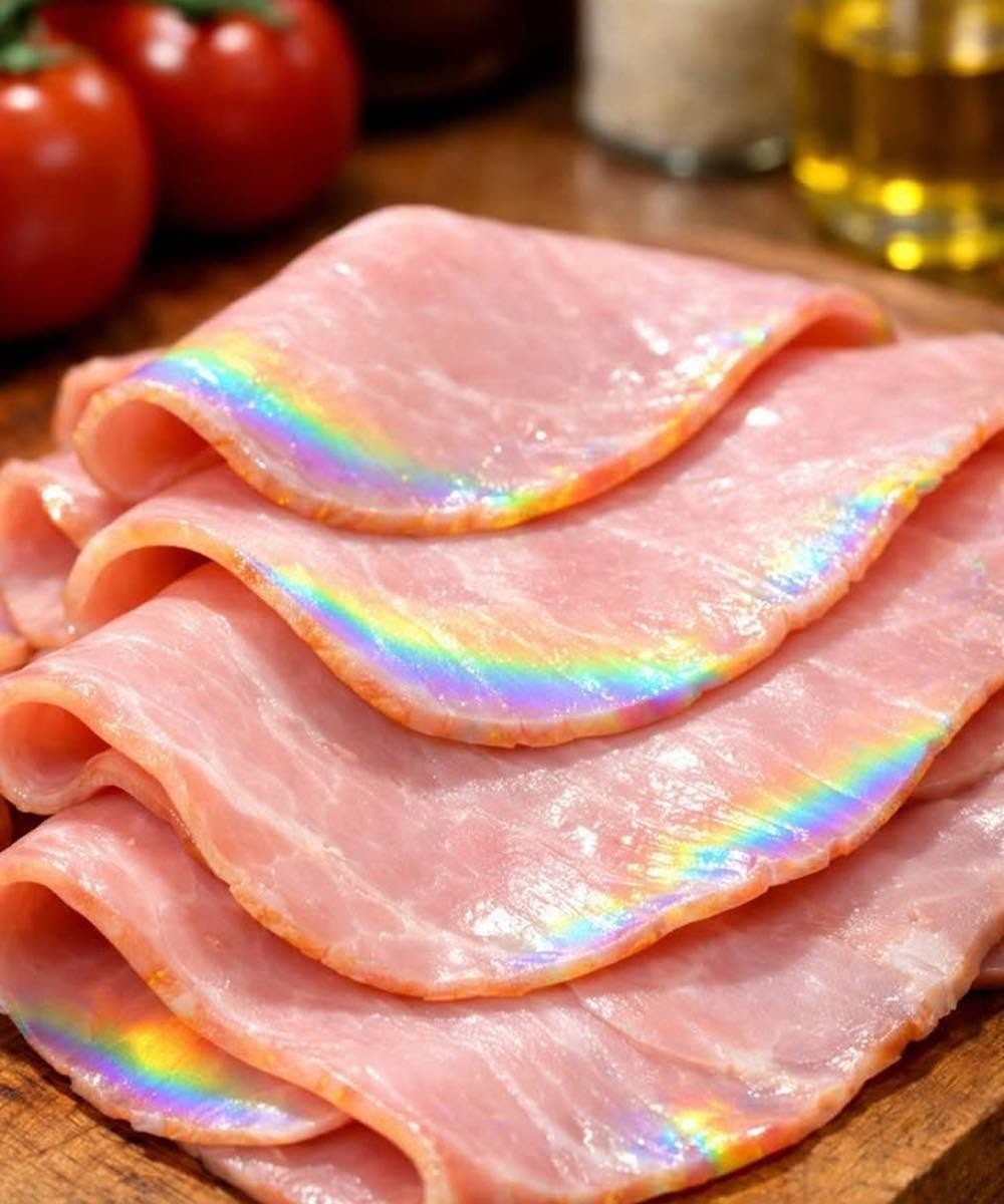 Waarom ham van de slager soms een regenboogglans vertoont en wat dat betekent