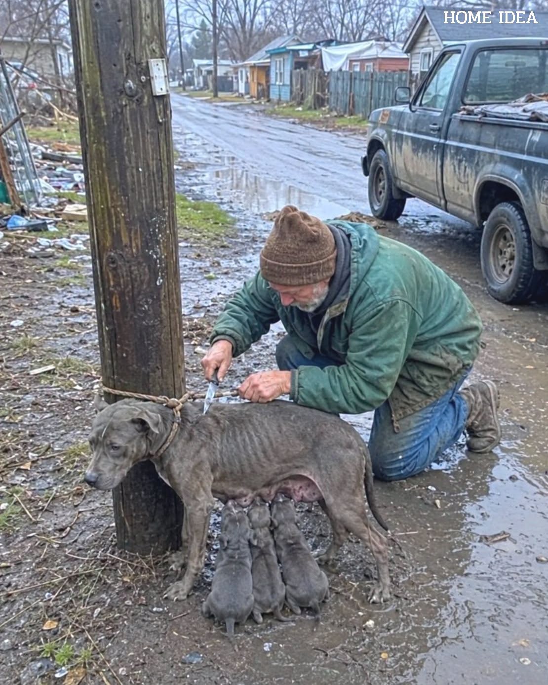 Oude groenteverkoper sneed een touw door van een uitgehongerde moederhond