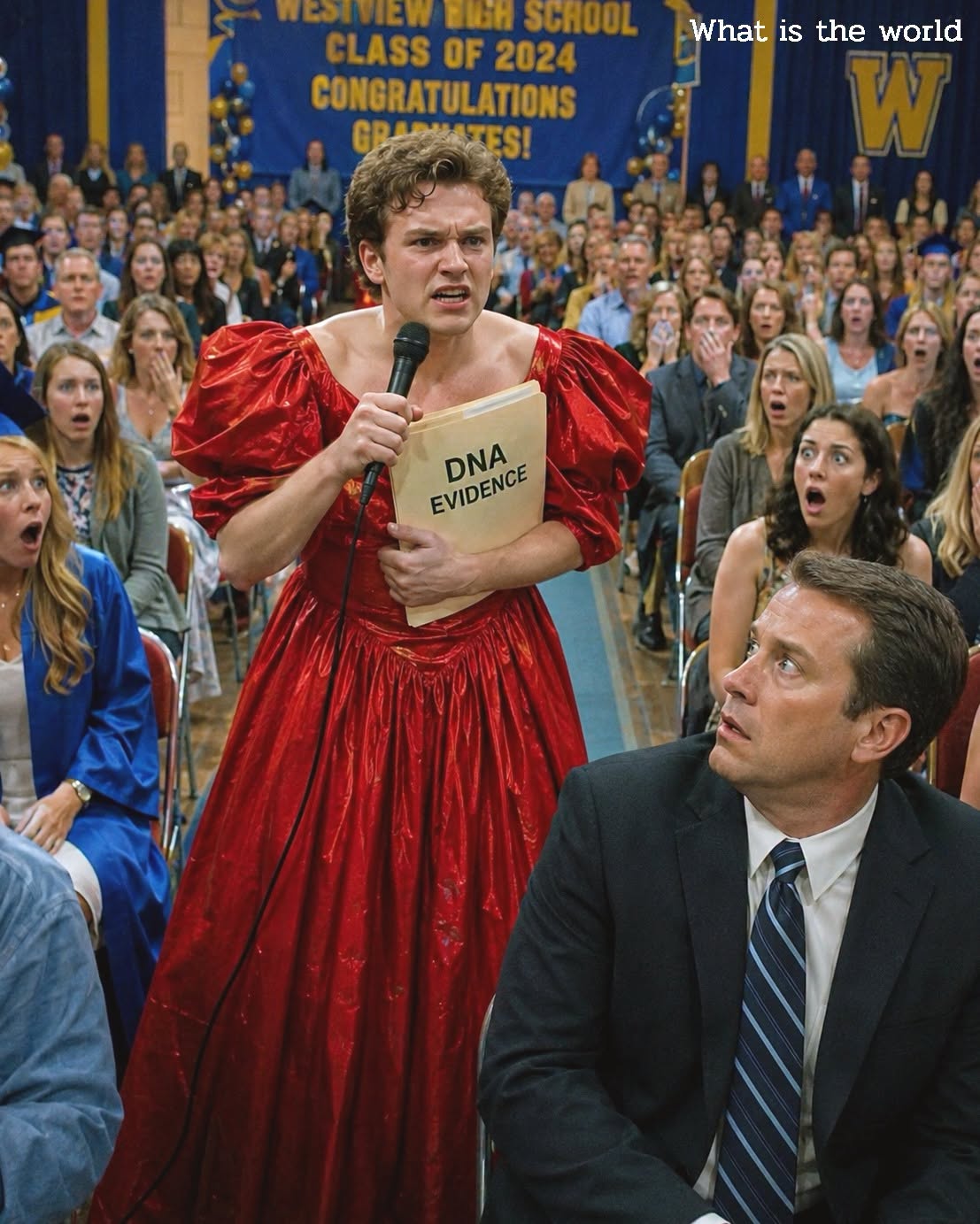 Mijn zoon droeg mijn rode jurk naar zijn diploma-uitreiking en stond vervolgens op de eerste rij.