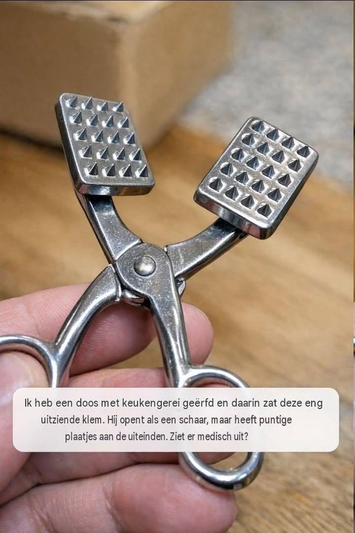 Ik heb een doos met keukengerei geërfd en daarin zat deze eng uitziende klem. Hij opent als een schaar, maar heeft puntige plaatjes aan de uiteinden. Ziet er medisch uit?