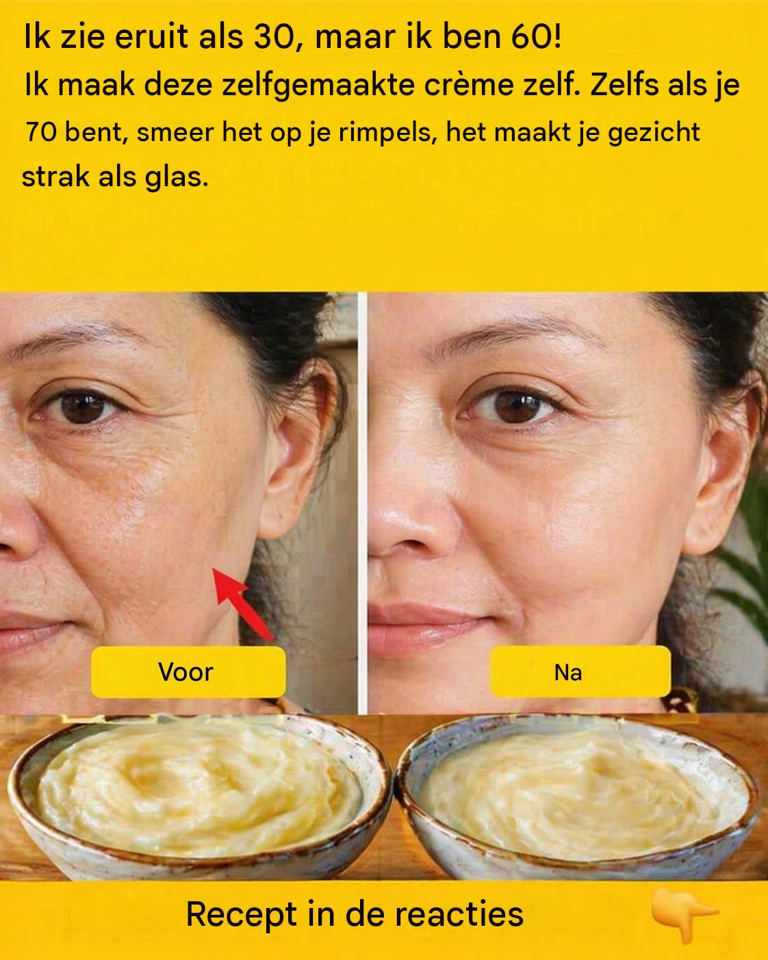 Maak de baksoda-crème klaar en breng deze voor het slapengaan aan. Vaarwel rimpels en oneffenheden… Om mijn recepten te blijven ontvangen, hoef je alleen maar iets te zeggen… Dankjewel!