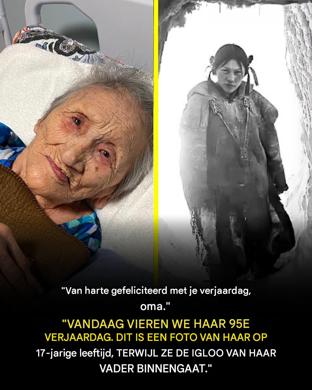 “Van harte gefeliciteerd met je verjaardag, lieve oma. Vandaag vieren we haar 95e verjaardag. Deze foto is van haar toen ze 17 jaar oud was en de iglo van haar vader binnenging.”