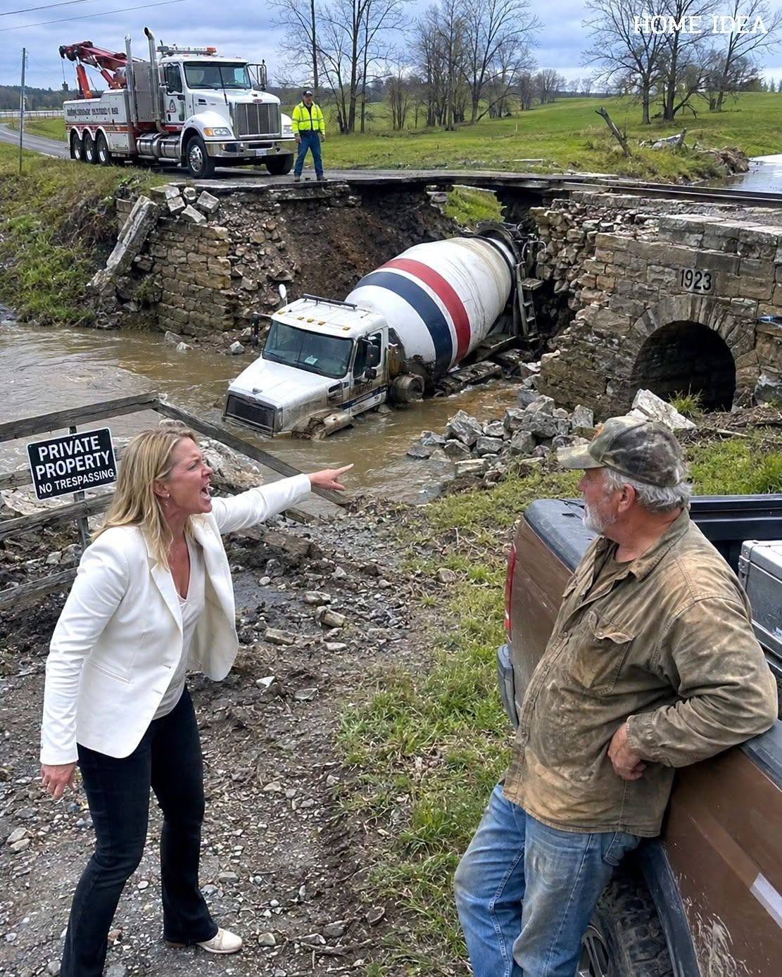 Mijn buurman van de huiseigenarenvereniging stuurde zes betonmixers over mijn privébrug en ontdekte toen dat die brug de waterleidingen van alle 47 huizen ondersteunde.