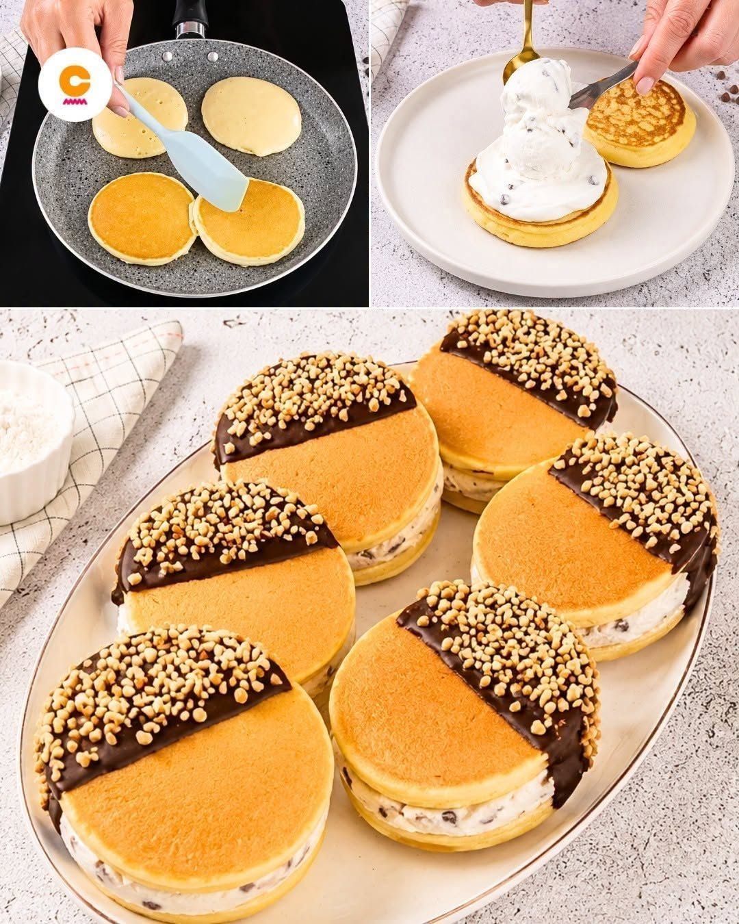 Luchtige pannenkoeken en romig ijs in één dessert?  Jazeker, de combinatie is net zo heerlijk als het klinkt! Deze zoete sandwiches zijn perfect voor warme dagen waarop je zin hebt in iets kouds, romigs en echt verwennerigs.